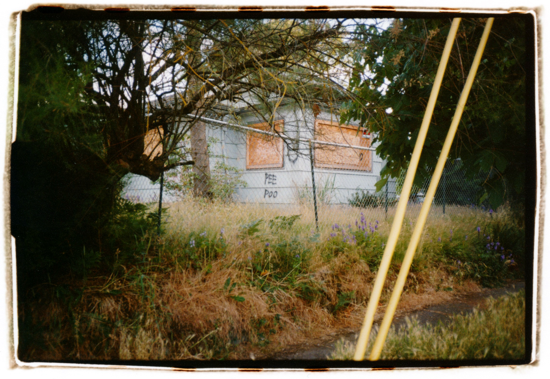 A BLUE HOUSE BEHIND A CHAIN LINK FENCE WITH OVERGROWN GRASS - PEE POO IS SPRAY PAINTED BELOW ONE OF THE BOARDED UP WINDOWS